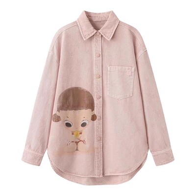 卡通印花单排扣牛仔衬衫上衣女