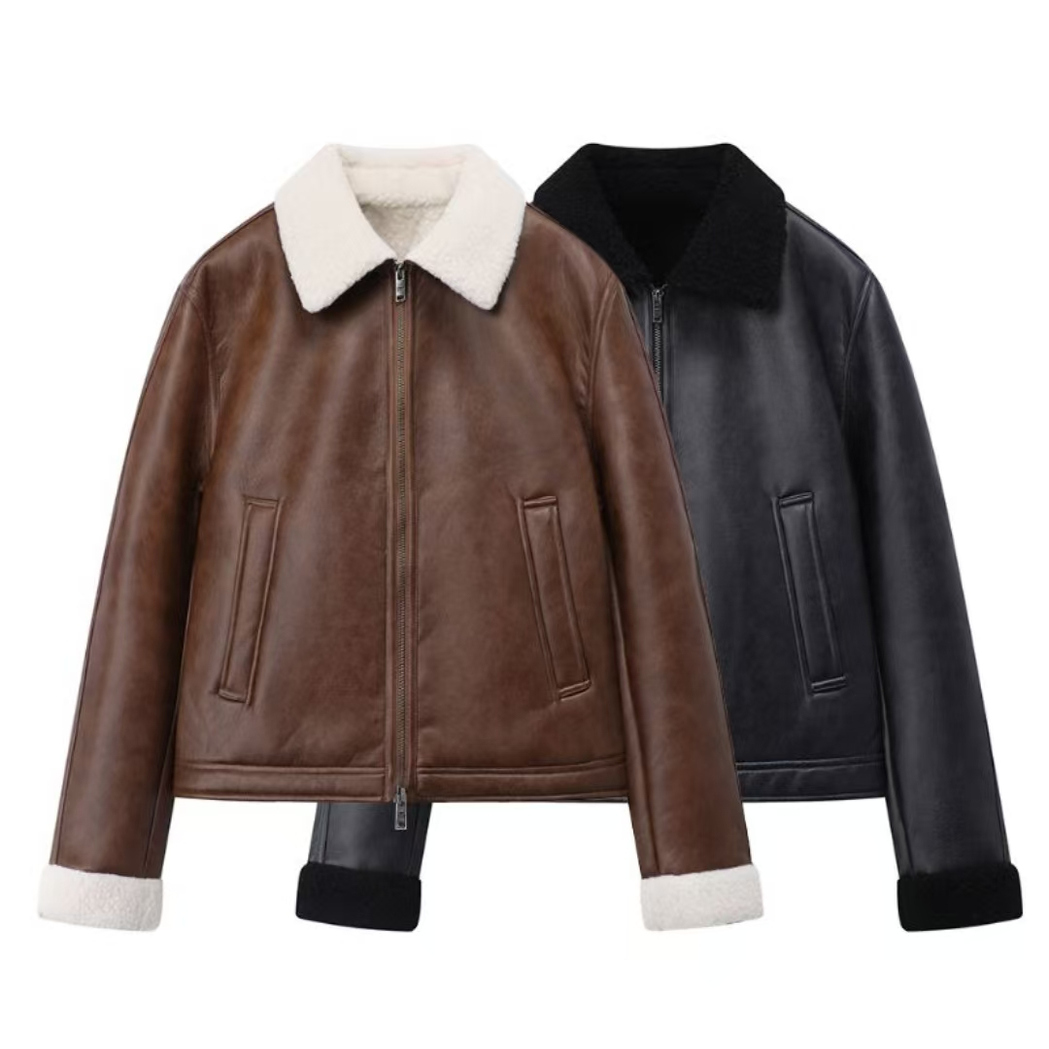 翻领宽松保暖皮毛一体外套女