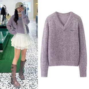 DN高端定制慵懒风V领宽松落肩袖紫色针织衫女套头毛衣显瘦上衣