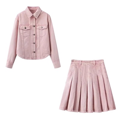 DN高端定制2025春季新款时尚百搭宽松粉色牛仔外套百褶裙套装女