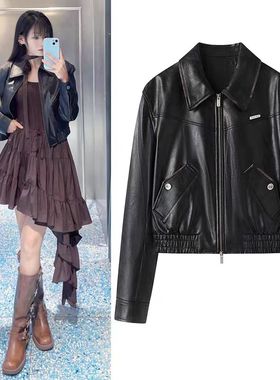 FN高端定制2025新款通勤风黑色短款PU皮外套女拉链机车风显瘦百搭