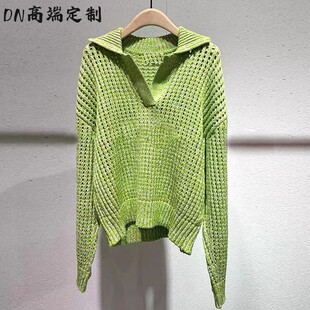 针织上衣女 休闲百搭V领纯色镂空翻领长袖 DN高端定制2024夏季 新款