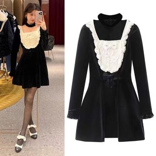 DN高端定制法式赫本风U领裱花丝绒长袖连衣裙女蕾丝花边千金风