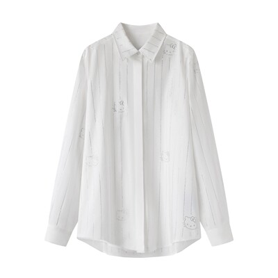 翻领竖条纹粘钻猫咪长袖衬衫女