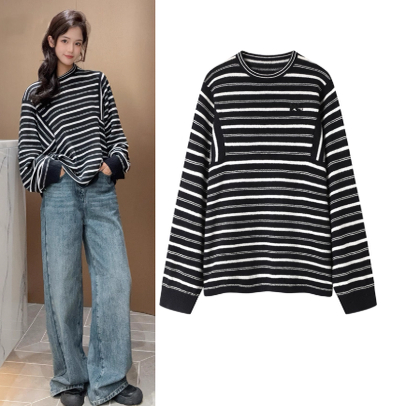 圆领休闲落肩袖宽松套头毛衣女