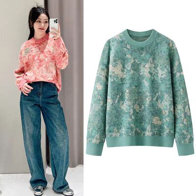 花朵提花圆领套头针织衫女