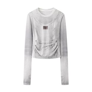 DN高端定制2025新款休闲烫钻印花褶皱长袖T恤女百搭打底衫上衣