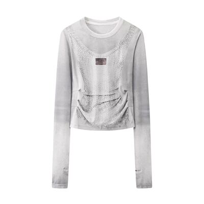 烫钻印花褶皱长袖T恤女打底衫