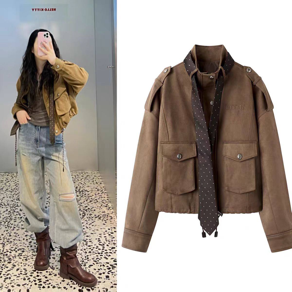 DN高端定制复古工装风牛皮绒短外套女立领波点领带夹棉港风外套