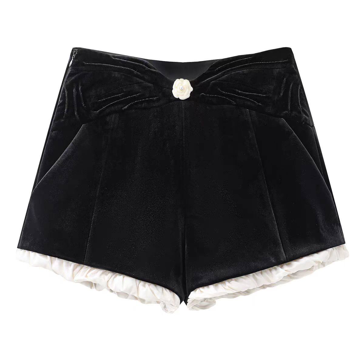 DN高端定制高腰花朵扣饰丝绒花边刺绣直筒短裤女浪漫氛围感,女装/女士精品,短裤,淘宝优惠券,粉丝福利购,淘宝优惠卷