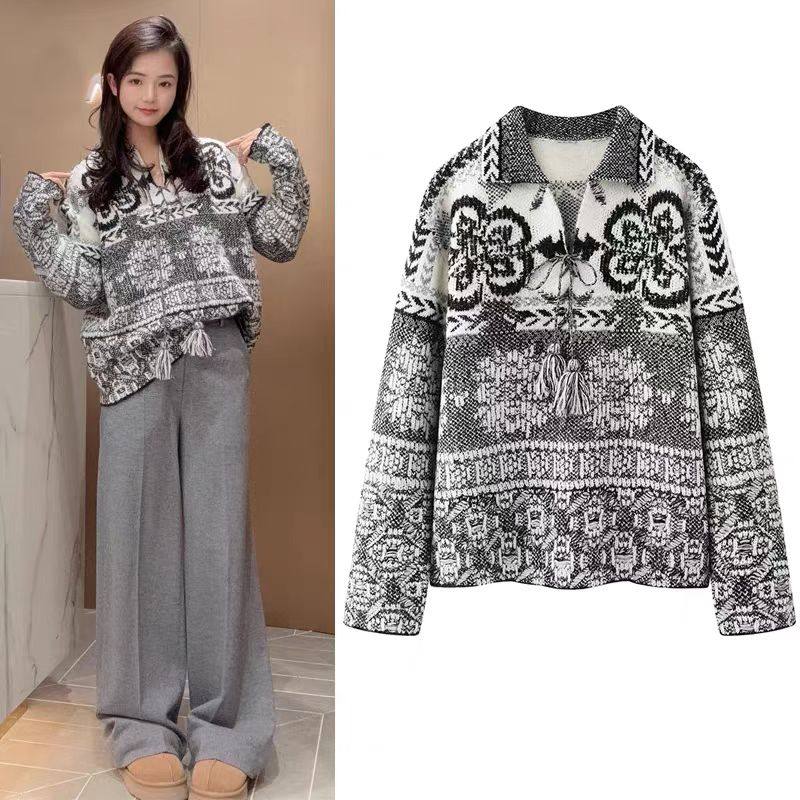 DN高端定制费尔岛毛衣女复古慵懒风翻领系带宽松套头针织衫