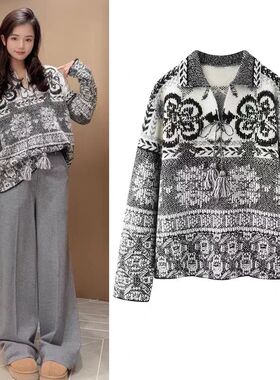 DN高端定制费尔岛毛衣女复古慵懒风翻领系带宽松套头针织衫