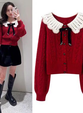 DN高端定制甜美风红色娃娃领针织开衫女镂空钩花蝴蝶结绑带毛衣