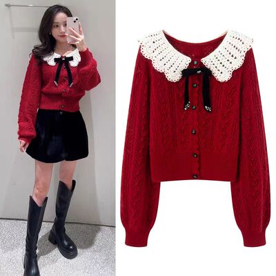 红色娃娃领针织开衫女
