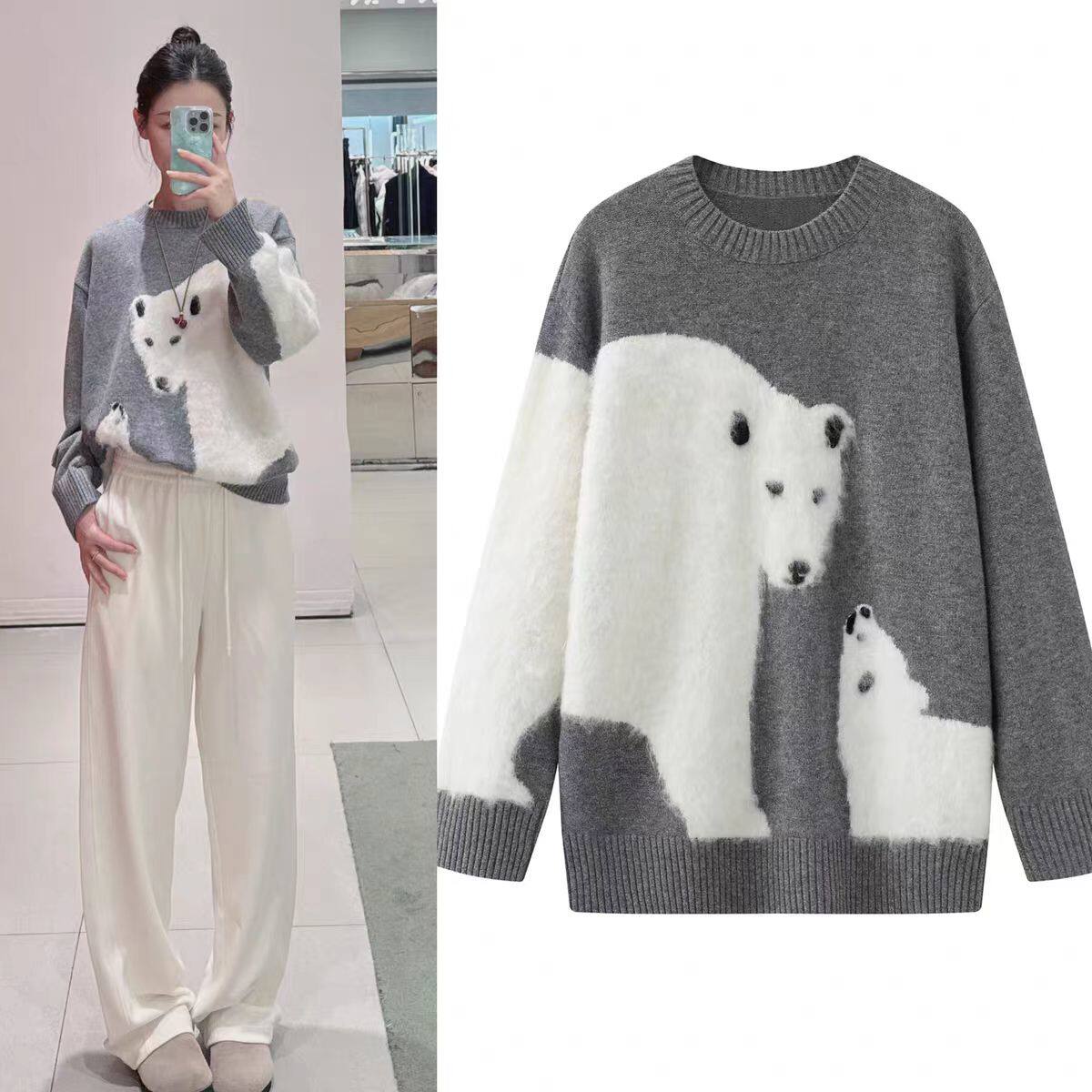 DN高端定制2025冬季新款可爱北极熊卡通圆领宽松套头针织毛衣女