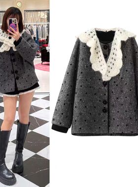 DN高端定制复古风毛呢外套女2025冬新品蕾丝领宽松大衣冬季外套
