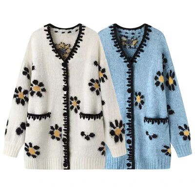 慵懒风V领花朵提花针织开衫女