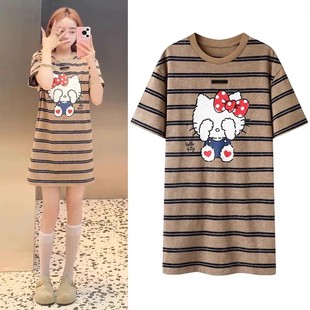 DN高端定制2025秋季新款时尚百搭圆领条纹卡通猫印花短袖T恤裙女
