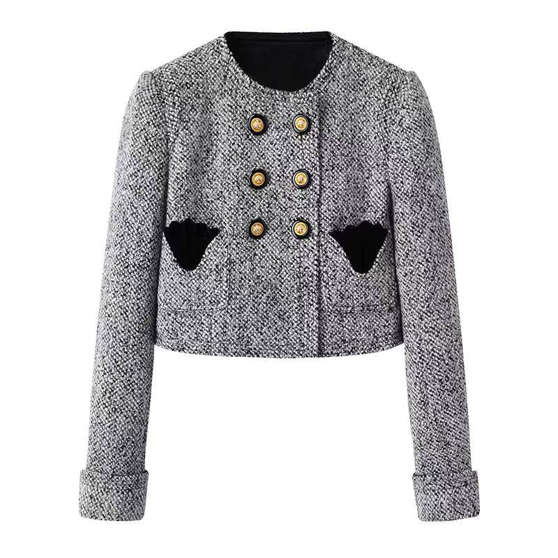 DN高端定制小香风双排扣短外套女千金风显瘦百搭灰色上衣,女装/女士精品,短外套,淘宝优惠券,粉丝福利购,淘宝优惠卷