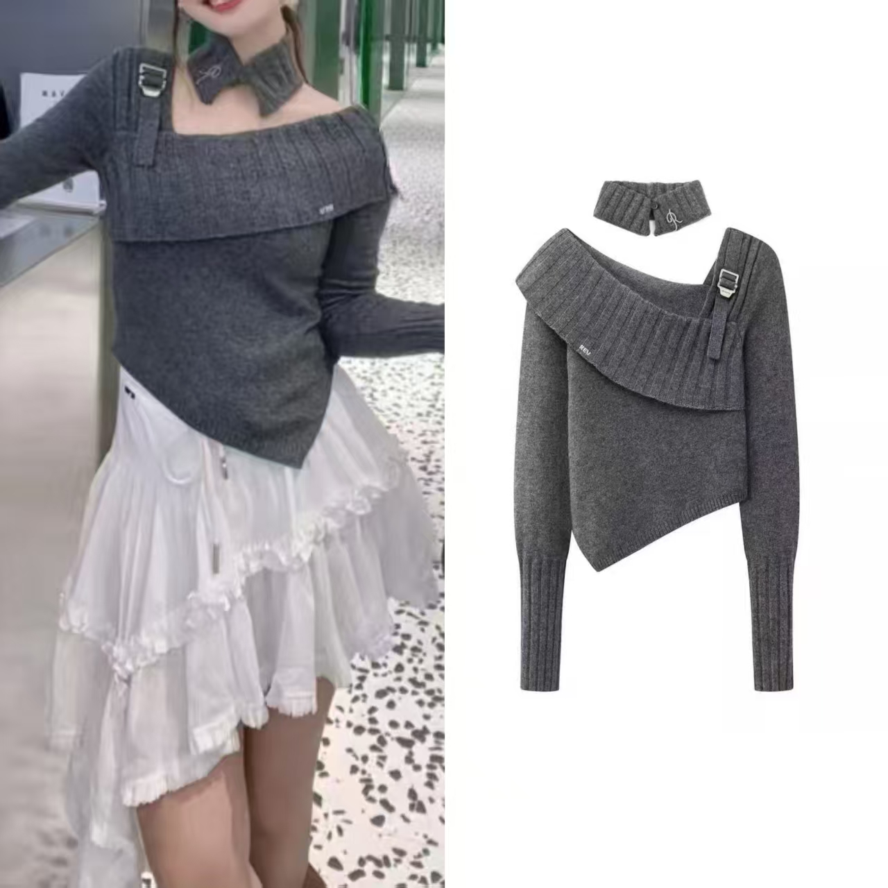 气质慵懒一字肩长袖针织衫上衣女