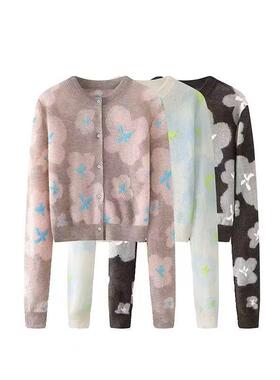 DN高端定制2025春季新款时尚休闲百搭圆领花朵短款长袖针织开衫女