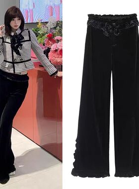 DN高端定制黑色丝绒休闲裤女2026新款高腰显瘦蝴蝶结装饰微喇裤