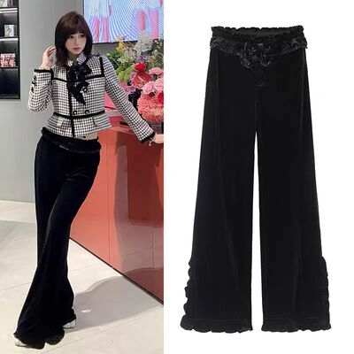 黑色丝绒蝴蝶结装饰休闲裤女