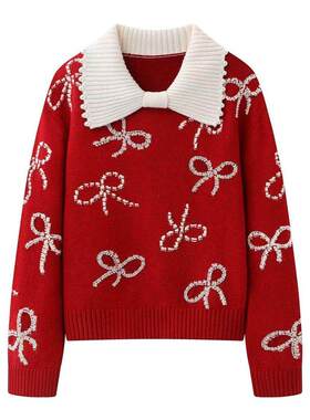 DN高端定制红色蝴蝶结钉珠娃娃领针织衫女2026春季新款套头毛衣