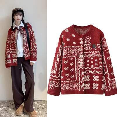 复古风红色提花针织衫女