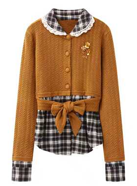 DN高端定制2025冬季娃娃领假两件格纹拼接针织开衫女百搭显瘦上衣