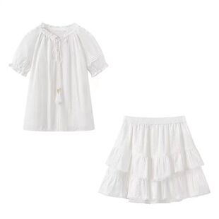 DN高端定制2025新款时尚百搭白月光纯棉刺绣短袖衬衫短裙套装女