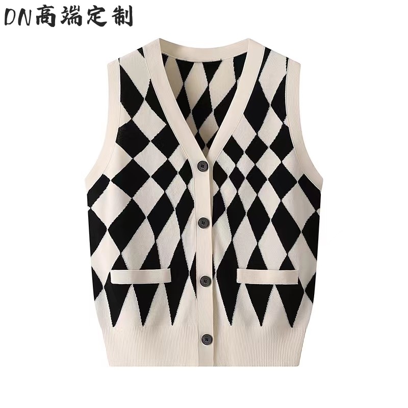菱格提花宽松马甲针织开衫女