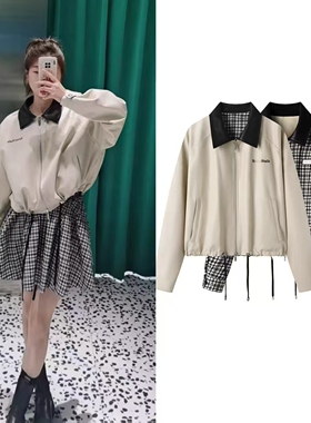 DN高端定制2025冬季新款时尚复古美式格纹PU皮翻领双面穿短外套