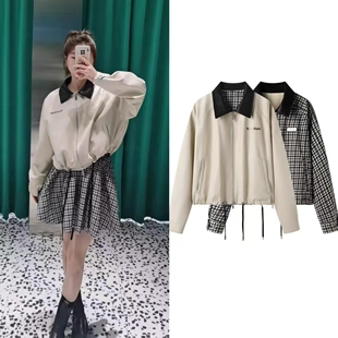 DN高端定制2025冬季新款时尚复古美式格纹PU皮翻领双面穿短外套