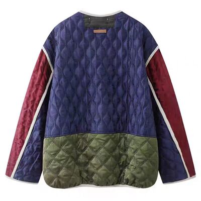 复古撞色菱格通勤保暖棉服女