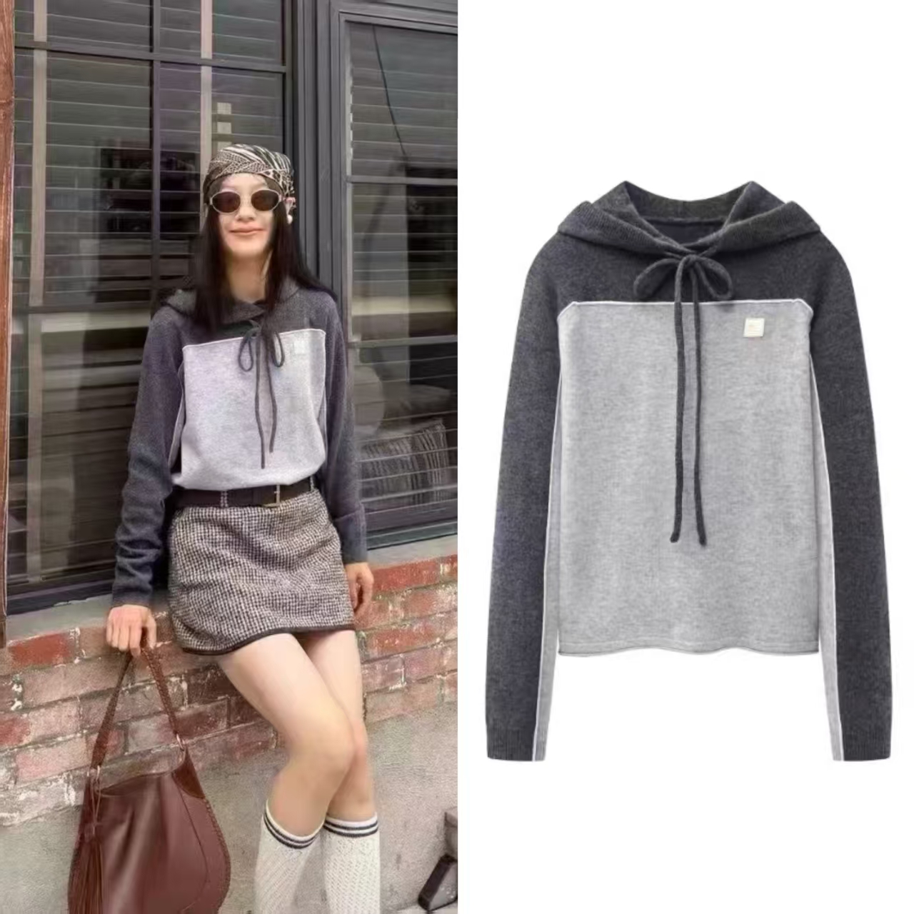 学院风撞色连帽系带显瘦针织衫女