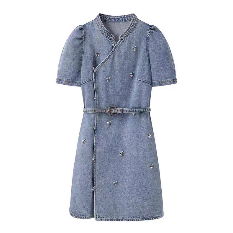 DN高端定制立领钉钻牛仔连衣裙女2026春款短袖收腰气质显瘦A字裙