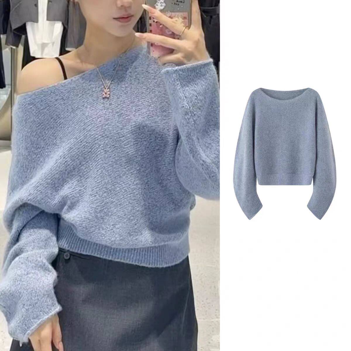 DN高端定制2025新款极简风长袖一字领针织衫女宽松百搭套头上衣