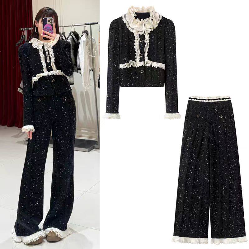 DN高端定制轻奢风法式荷叶边蕾丝拼接彩点珠片针织开衫女长裤