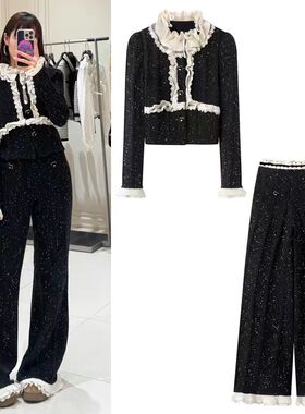 DN高端定制轻奢风法式荷叶边蕾丝拼接彩点珠片针织开衫女长裤