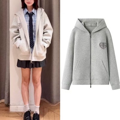 运动风爱心连帽拉链卫衣开衫外套