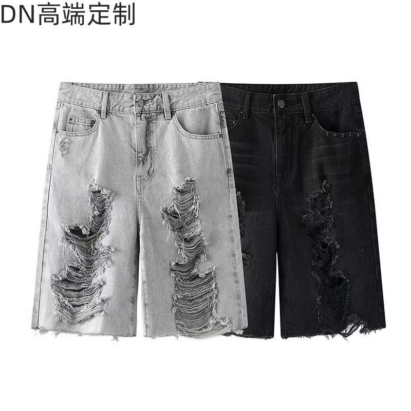 DN高端定制2024夏季新款休闲百搭高腰做旧破洞磨毛直筒牛仔短裤女