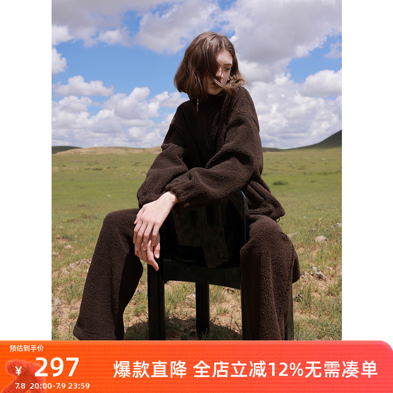 ibudu2024冬季新款美拉德颗粒绒休闲卫衣两件套直筒长裤套装