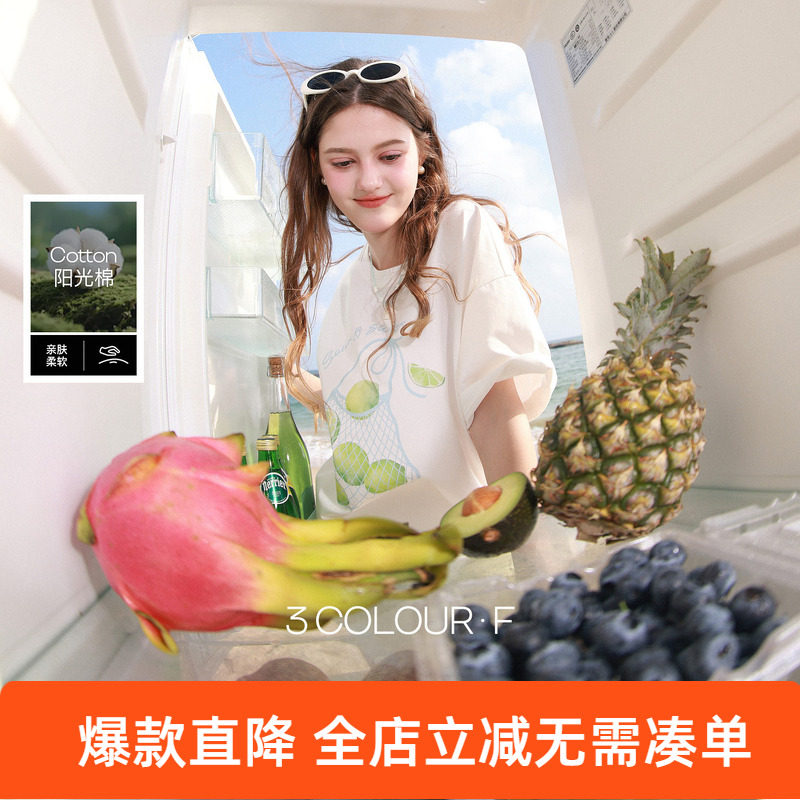 三彩独醒2026夏季新款小清新字母印花T恤宽松短袖套头衫上衣F