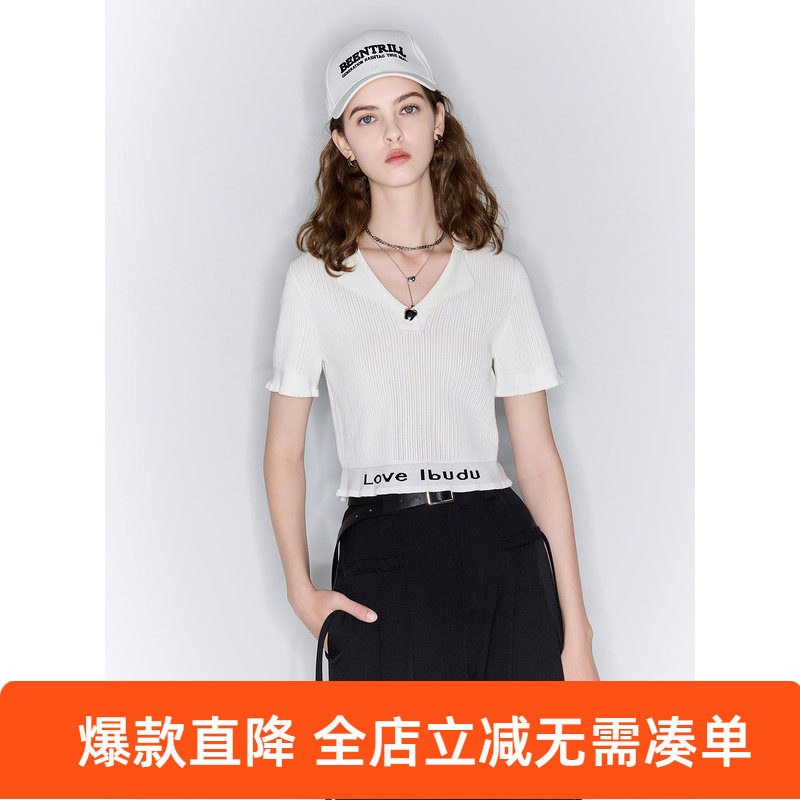 ibudu2024夏季新款修身短款V领短袖针织衫字母提花收腰女