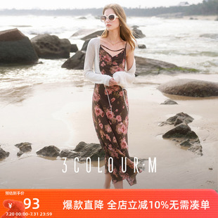 新款 三彩2025春季 V领吊带裙玫瑰印花连衣裙飘带长裙度假风M