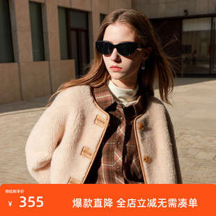 三彩女装2024冬季新款绵羊毛皮草羊羔毛外套圆领短款小个子女M