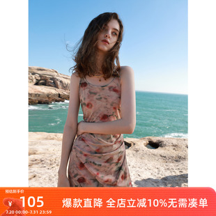 ibudu2025春季 印花网纱连衣裙长裙女 新款 圆领吊带裙无袖