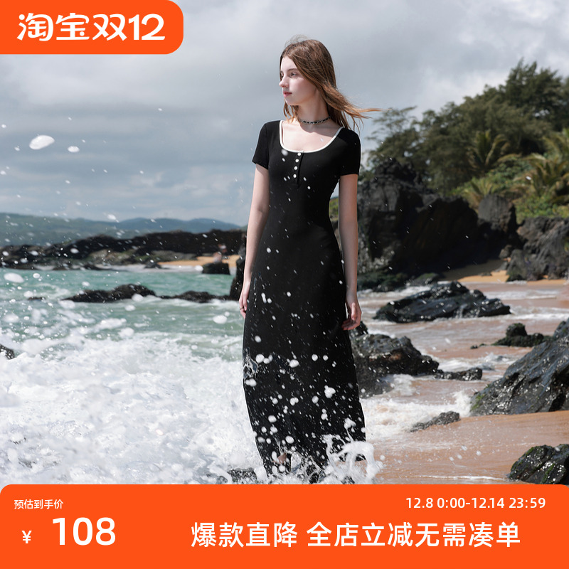 ibudu2025夏季新款休闲T恤裙短袖连衣裙胸垫一体长裙女