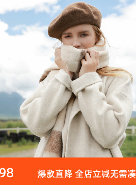 三彩女装2023冬季新款西装领毛呢大衣阿尔巴卡双面呢外套宽松M